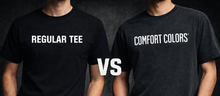 Models showing the difference between standard tees and Comfort Colors