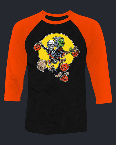 Black and orange baseball shirt with Halloween-themed graphic on a dark background