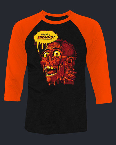 Black and orange baseball shirt with a zombie graphic and 'More Brains!' text on a dark background