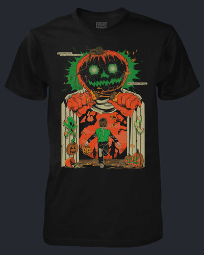Black t-shirt with a Halloween-themed design featuring a pumpkin head and skeleton.