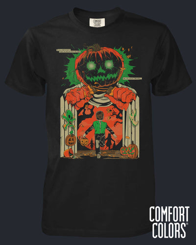Black t-shirt with a Halloween-themed graphic of a pumpkin head and child, featuring Comfort Colors branding.