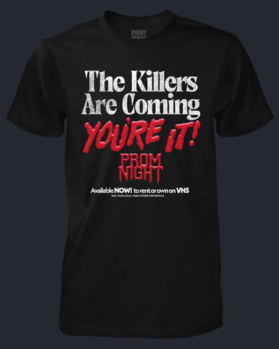 Black t-shirt with red and white text on a dark background