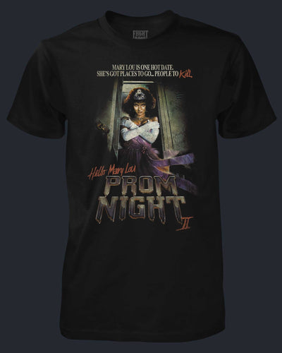 Black t-shirt with 'Prom Night' movie poster design featuring a character in a window.