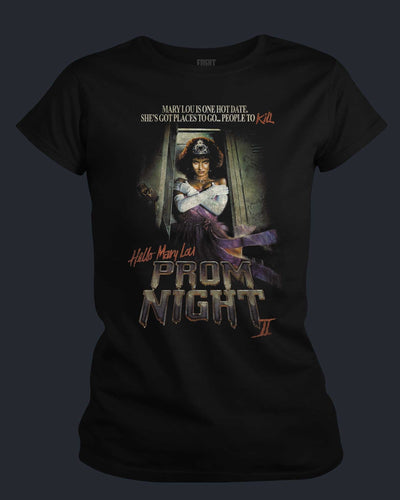 Black t-shirt with 'Prom Night' movie poster design featuring a woman in a cowboy hat.