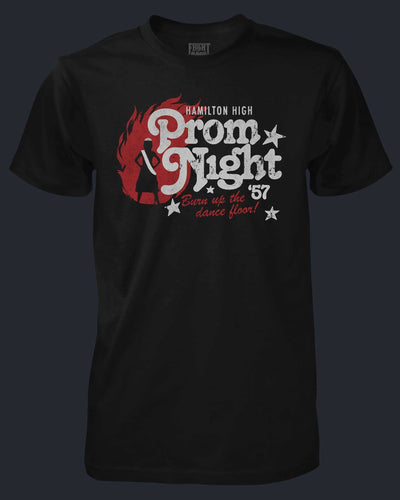 Black t-shirt with 'Hamilton High Prom Night '57' design on a dark background