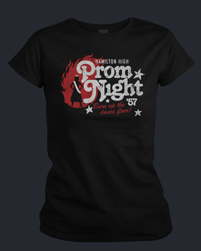 Black t-shirt with 'Hamilton High Prom Night 57' design on a dark background