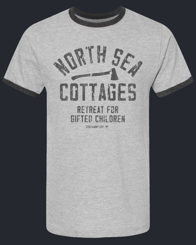 Gray t-shirt with 'North Sea Cottages' text on a black background
