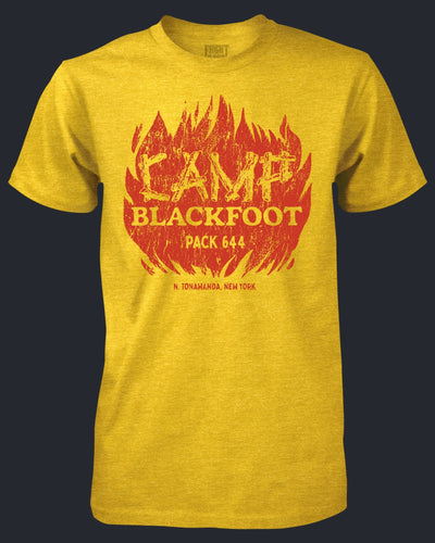 Yellow t-shirt with red graphic design on a black background