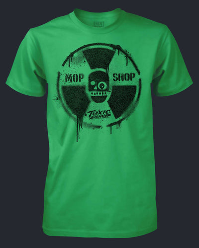 Green t-shirt with black graphic design on a dark background
