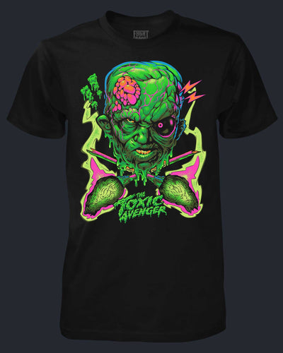 Black t-shirt with a colorful graphic of a character labeled 'The Toxic Avenger' on a dark background.