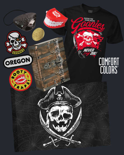 Collection of merchandise including a t-shirt, stickers, and a pirate-themed product on a dark background.