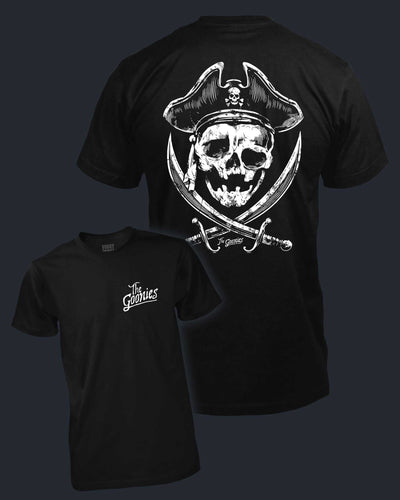 Black t-shirt with pirate skull design on a dark background
