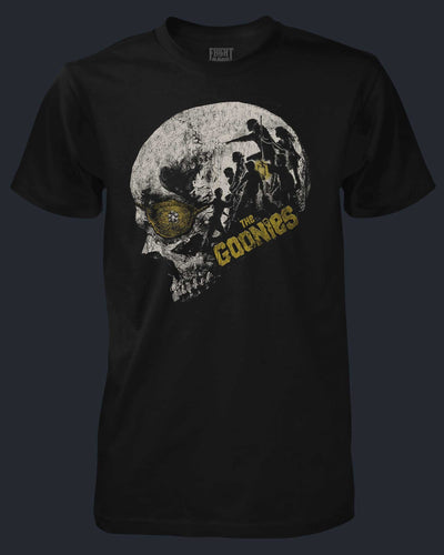 Black t-shirt with a graphic design of a skull and 'The Goonies' text on a dark background