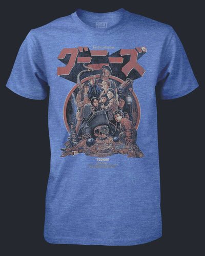 Blue t-shirt with graphic design featuring multiple characters and text on a dark background