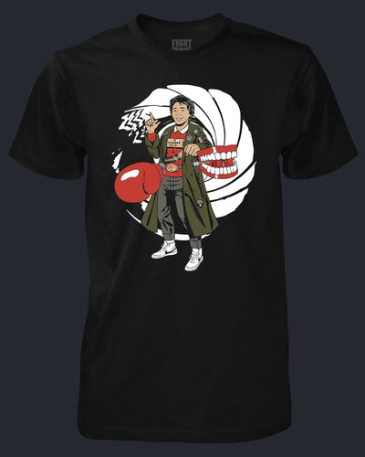 Black t-shirt with a graphic design of a person in a coat and red boxing glove on a dark background