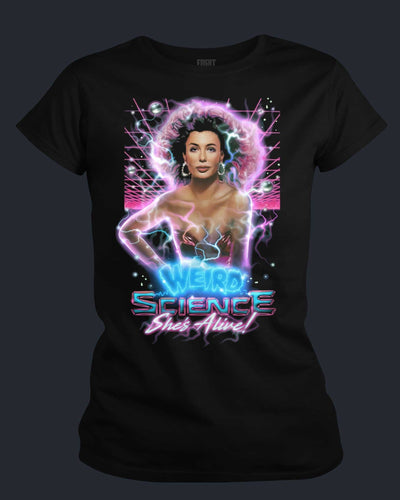 Black t-shirt with a graphic design of a woman with a futuristic hairstyle and 'Science She's Alive!' text on a dark background.