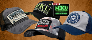Collection of hats with various designs and text on a brown background