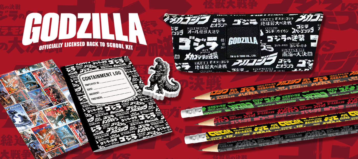 GODZILLA back-to-school kit with stationery items on a red background