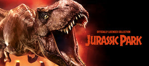 Dinosaur model with 'Jurassic Park' branding on a dark background