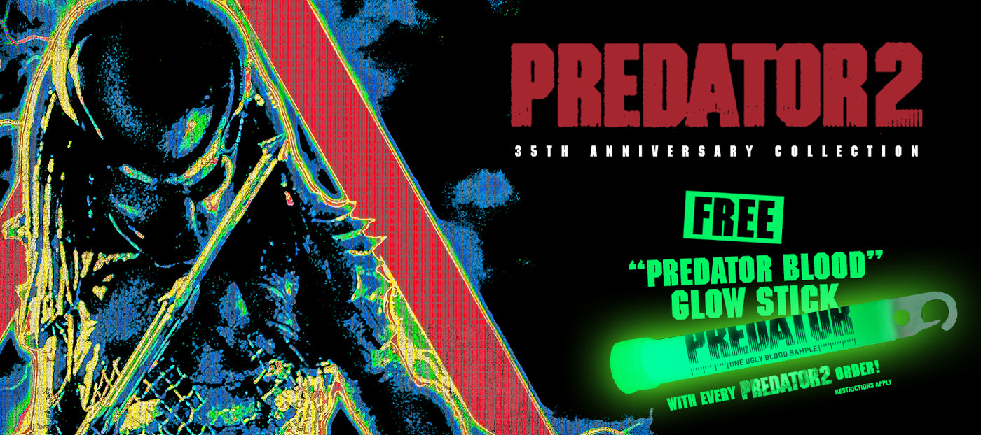 Promotional poster for 'Predator 2' with alien character and glow stick offer.