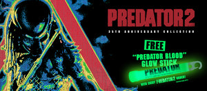Promotional poster for 'Predator 2' with alien character and glow stick offer.