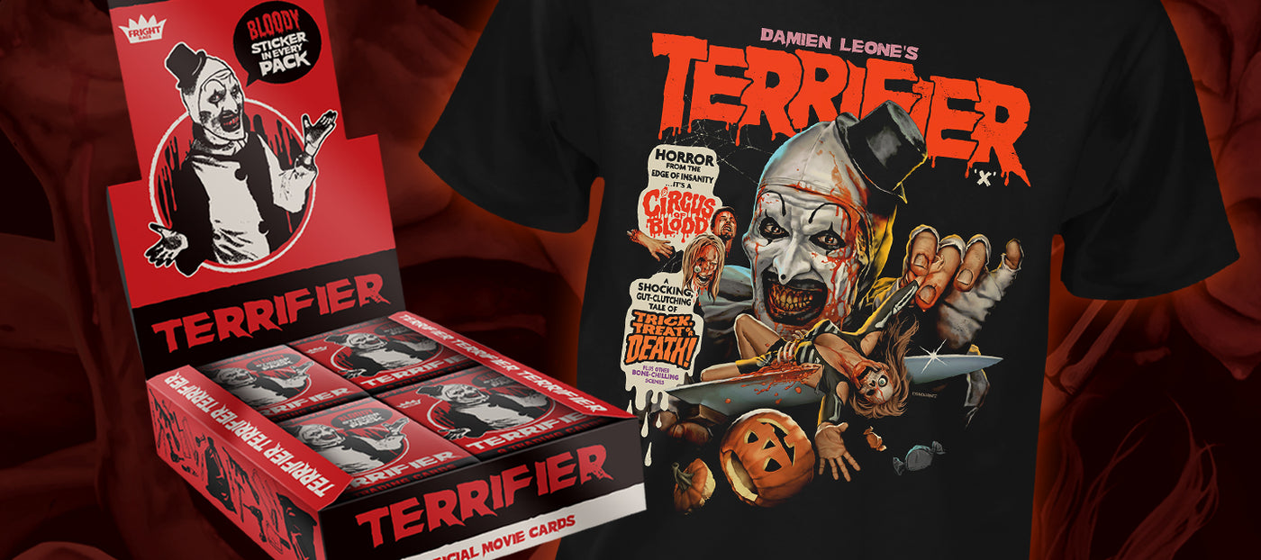 Terrifier t-shirt and trading card box on a red background
