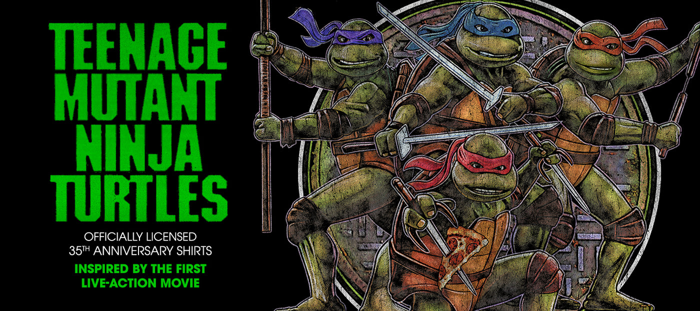 Promotional graphic for Teenage Mutant Ninja Turtles with turtles holding swords on a black background.