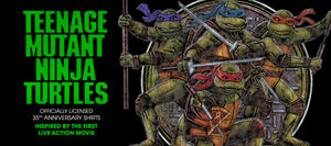 Promotional graphic for Teenage Mutant Ninja Turtles with turtles holding swords on a black background.