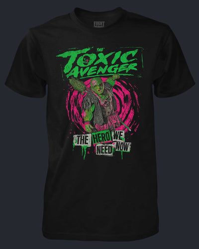 Black t-shirt with 'The Toxic Avenger' graphic design on a dark background