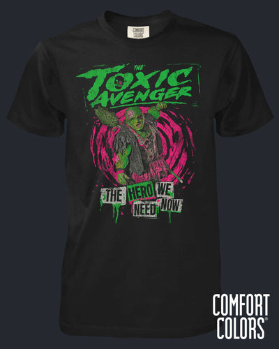 Black t-shirt with 'The Toxic Avenger' graphic design on a dark background